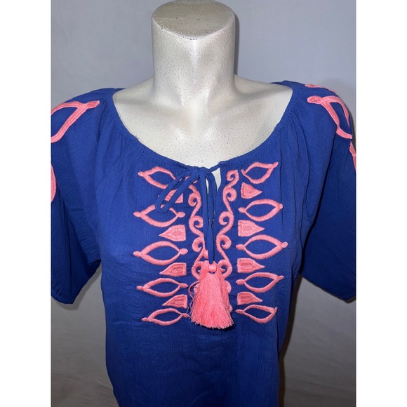 New Talbots Top Womens Size L Blue Pink Embroidered Cotton Tassel Peasant Blouse - Picture 2 of 8